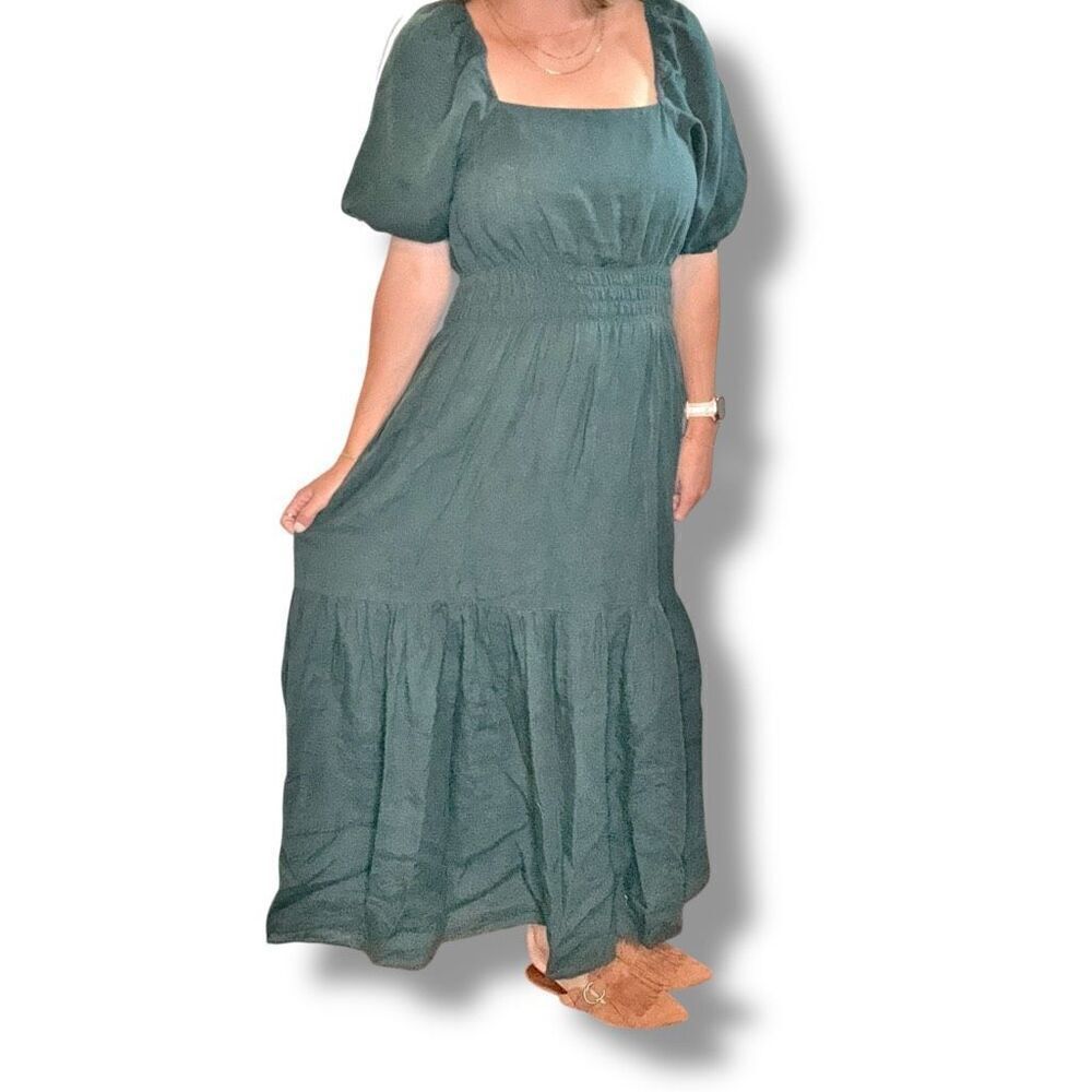 Ann Mashburn Dark Green Square Neck Puff Sleeve Linen Maxi Dress Women’s Size M